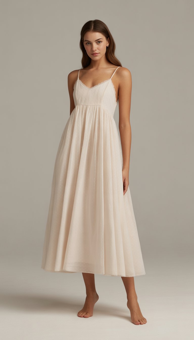 A woman wearing a midi babydoll bridal gown with spaghetti straps standing against a plain background.